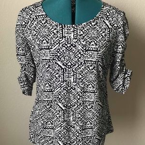 Alfani Dressy Blouse Black White Print 3/4 Sleeves